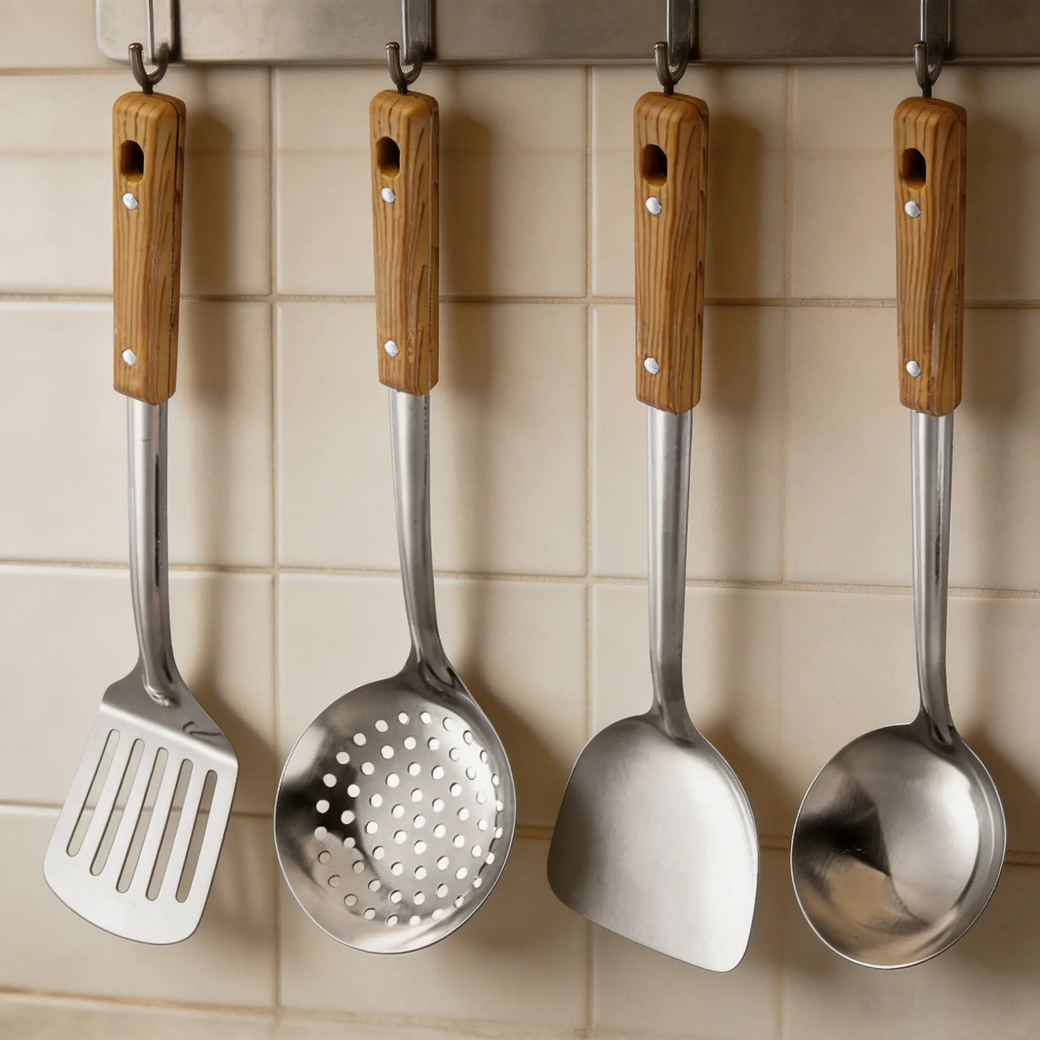 4-Piece Brushed Stainless Steel Cooking Wok Utensil Set - Sturdy, Heat-Resistant Wood Handles, Spatula, Skimmer Ladle, Slotted Spoon, Oil Skimmer, Hanging Strainer, Anti-Scald, Spill-Proof Serving, Space-Saving Storage for Kitchen Use
