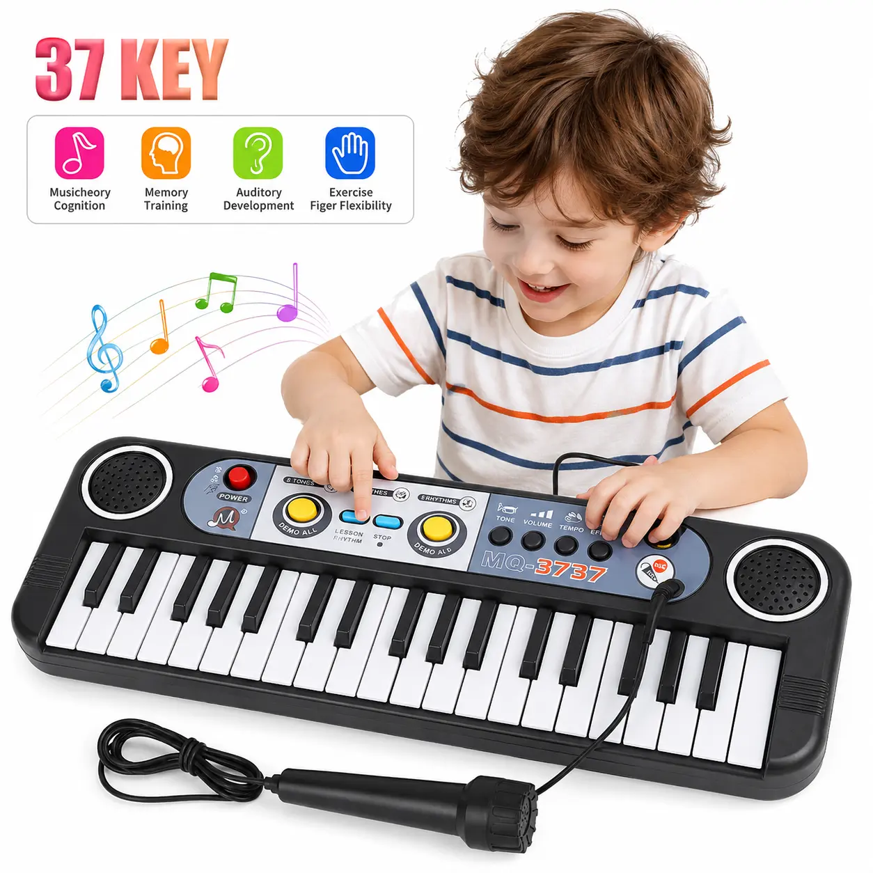 37 Key Keyboard Piano for Kids with Microphone – Beginner Electronic Piano, 3 Tones 8 Rhythms 24 Samples, Portable Battery Powered, Educational Music Toy for Toddlers Age 2-5, Birthday Christmas Gift for Boys Girls