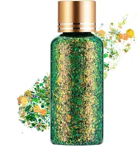 Green Gold Face Body Hair Glitter Gel for St. Patrick's Day Mardi Gras Festival Rave Accessories, Long Lasting Holographic Chunky Mermaid Sequins Glitter Gel Makeup for Women Men Kids, 1oz