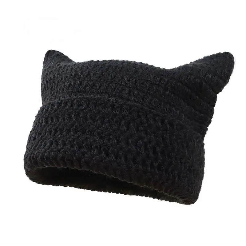 Striped Cat Ear Beanie Hat - Warm Winter Crochet Beanie for  display picture 2