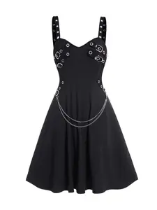 DRESSLILY 2026 Women's Gothic Dress Plain Color Dress Grommet Buckle Chain Embellishment High Waisted Sleeveless A Line Midi Dress