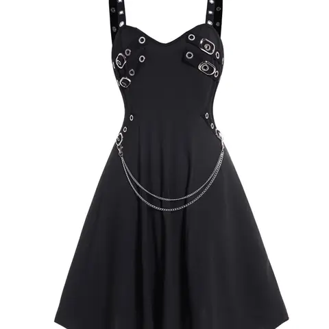 DRESSLILY 2026 Women's Gothic Dress Plain Color Dress Grommet Buckle Chain Embellishment High Waisted Sleeveless A Line Midi Dress