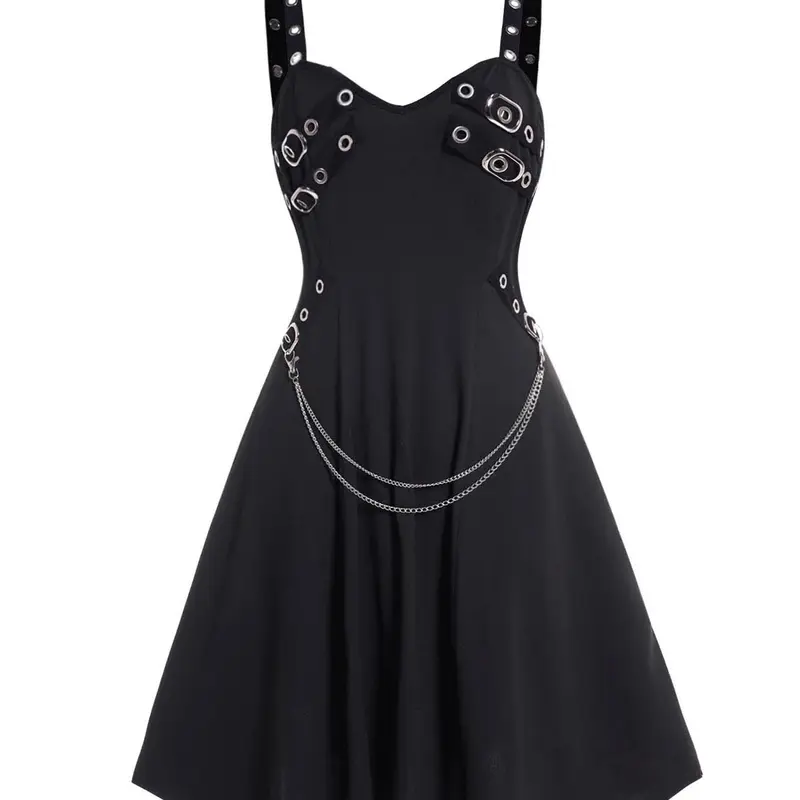 DRESSLILY 2026 Women's Gothic Dress Plain Color Dress Grommet Buckle Chain Embellishment High Waisted Sleeveless A Line Midi Dress