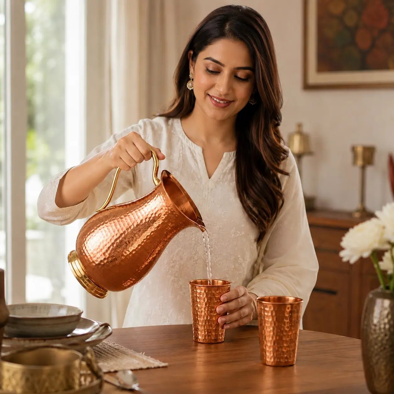 Pure Copper Water Pitcher Set with 2 Hammered Copper Cups, Handmade Copper Jug and Tumbler Drinkware Set for Home Kitchen Dining Gift