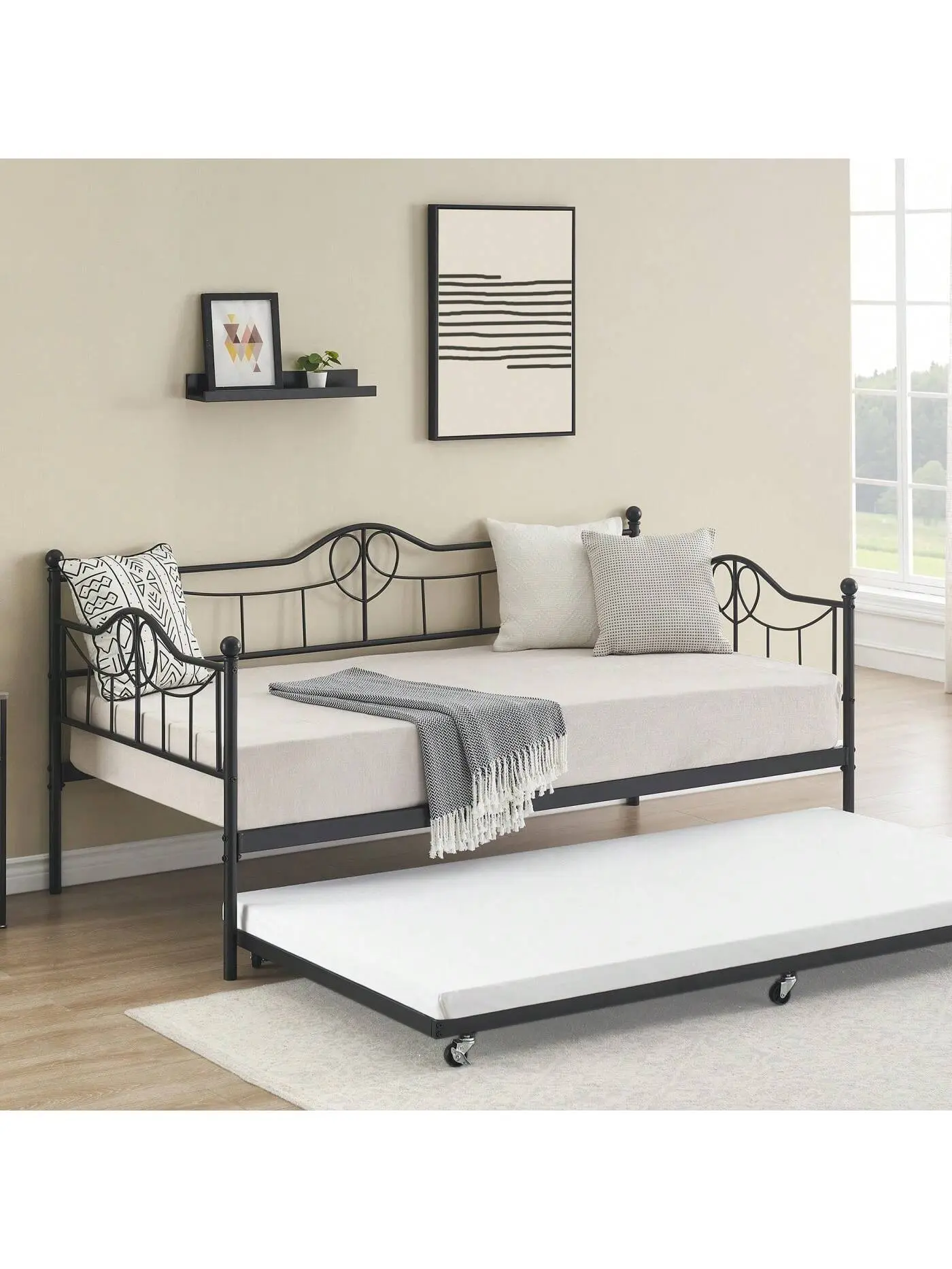 WhizMax Standard Twin Trundle Bed - Pull Out Daybed with Metal Frame, Steel Slat Base, Ergonomic Support, Headboards, Elegant and Functional Contemporary Sofa Bed for Living Room (Pink/White/Black)