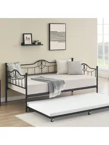 Twin Size Daybed With Trundle Bed,Metal Twin Day Bed Twin Size With Steel Slat Support, Sofa Bed For Living Room And Guest Room (Pink/White/Black)