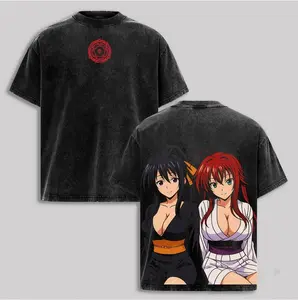 Rias Gremory & Akeno Himejima Oversized Anime Tee: High School DxD Graphic T-Shirt, Vintage Washed Cotton Manga Merch.