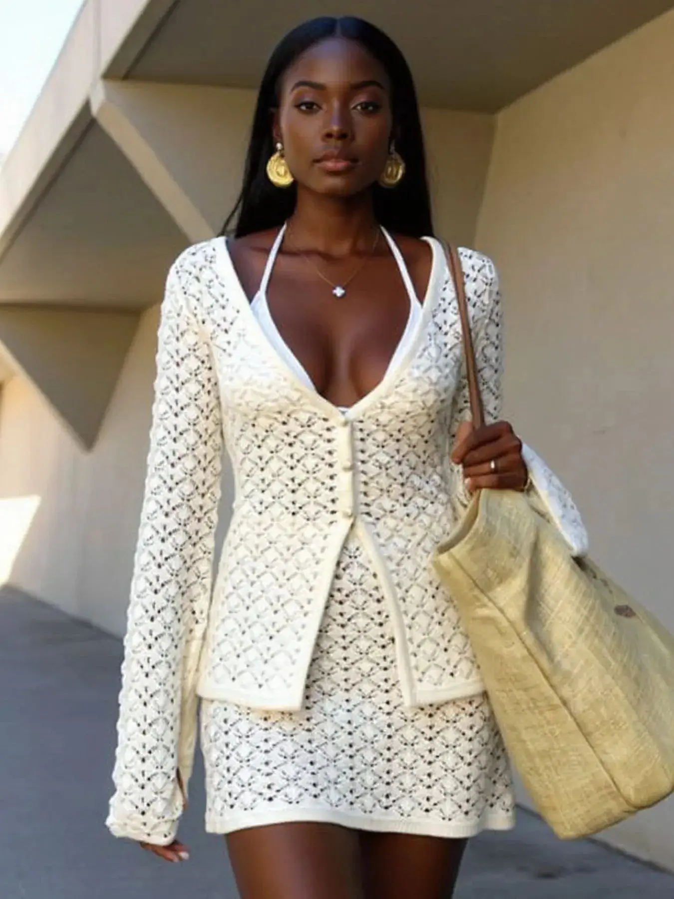 Button Up Crochet Cardigan and Skirt Sweater Set See size chart under “more details”
