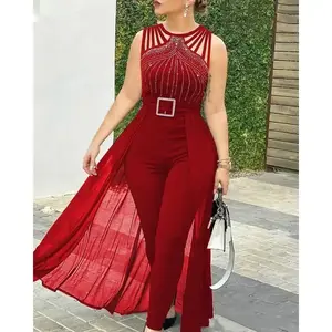 Jumpsuit for Women Party Casual Rhinestone  Mesh Sleeveless Jumpsuits Skinny Outfits  Ladies Suit