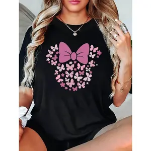1pc Pink Butterfly Mouse Head Print Crew Neck T-Shirt - Short Sleeve, Knit Fabric with Medium Stretch, All-Season Comfort Fit Top