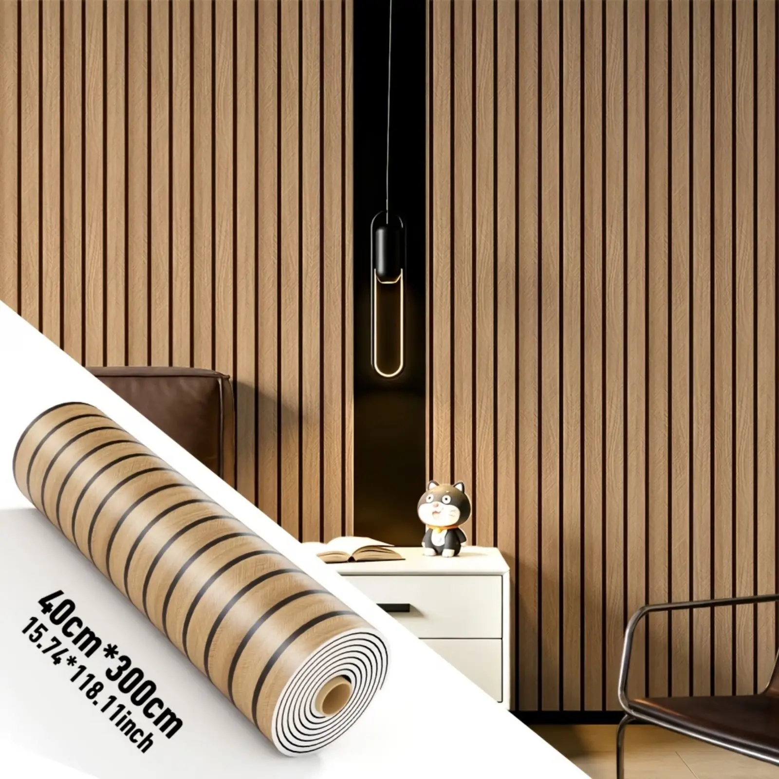 Peel and Stick Wallpaper - 1 Roll Printed Wood Slat Renter-Friendly Temporary Wall Covering, Waterproof, Sound-Reducing, Textured Matte Wood Grain, Easy Clean & Install, Removable for Accent Walls, Ceilings