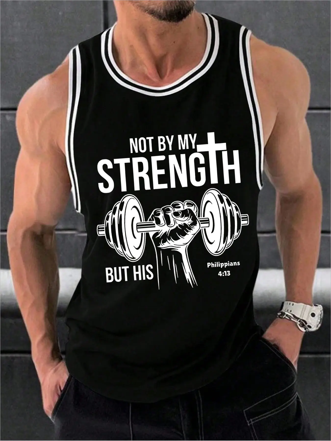 Men's Birdseye Fabric Christian Gym Tank Top - "Not By My Strength But His" Philippians 4:13 Motivational Graphic Print, Contrast Trim Sleeveless Athletic Shirt for Bodybuilding, Weightlifting & Daily Workout Sessions, Sleeveless Workout Vest