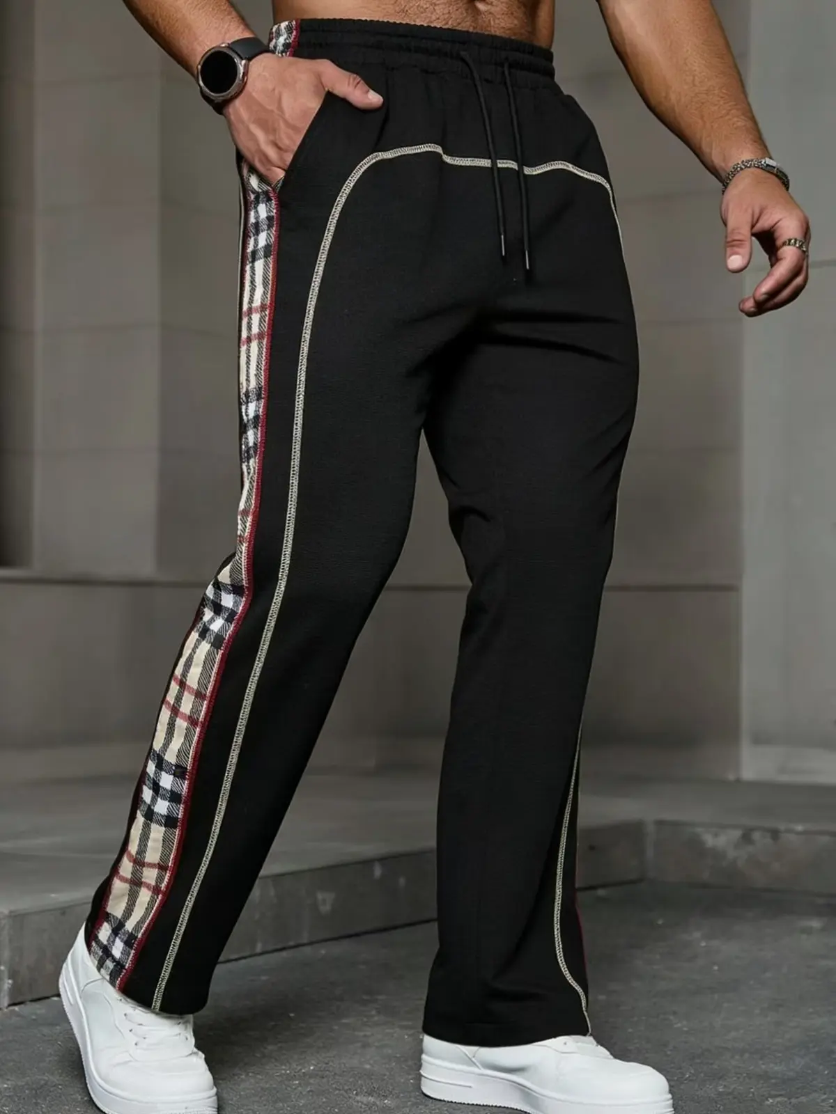 Men's casual color-blocked stitched long pants, drawstring waistband with pockets, straight-leg color-blocked casual sports pants, fashionable for summer and autumn