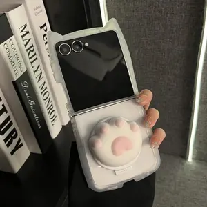 Korean Cute Kitty Ear Plush Heart Cat Paw Magnetic Phone Case Samsung Galaxy Flip7 flip7 Zflip6 5 Zflip5 flip6 flip5 Cover