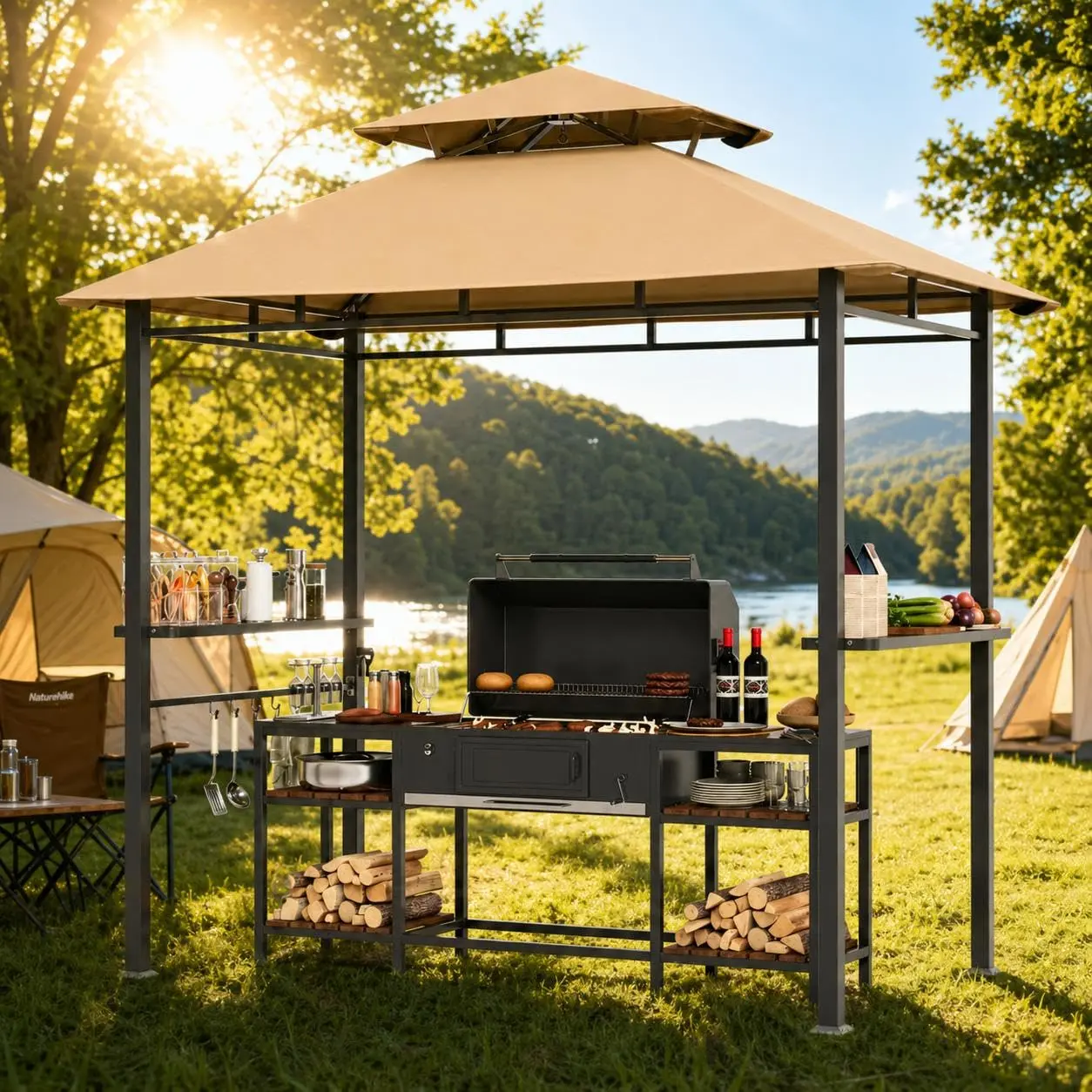 Garvee Upgraded 8x5 ft BBQ Grill Gazebo with Double Roof, Outdoor Grill Shelter with 2 Side Shelves & Tool Hooks, Weather-Resistant Patio Shelter for Backyard Cooking