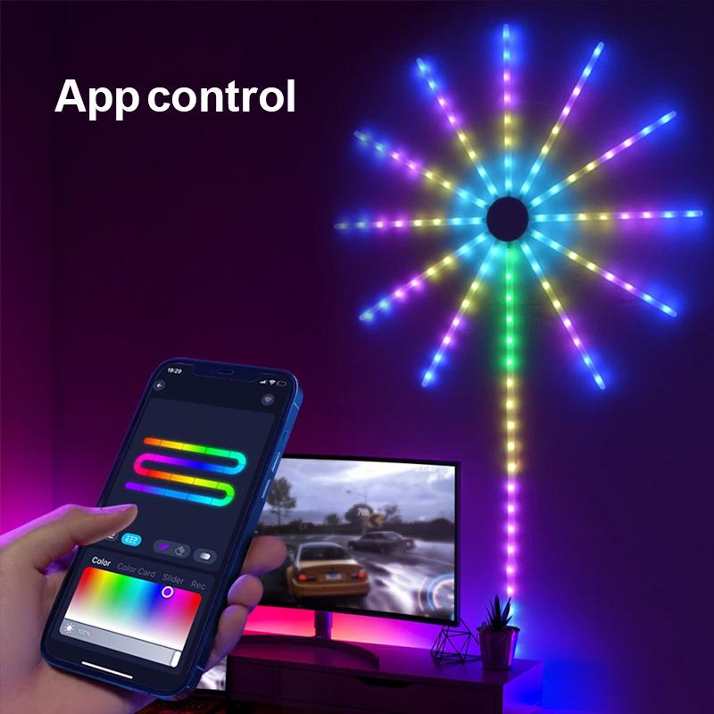 LED smart fireworks light, 1 set multipurpose ICRGB rainbow color ambient light, music rhythm light with wireless control via remote control and app, party lighting decoration