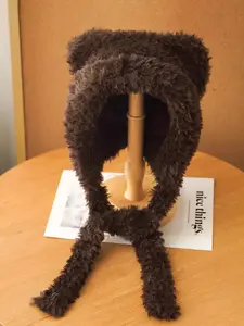 Plush Bear Hat, Large Head Fit Thick Warm Winter Cap, Face-Slimming Ear-Protecting Hoodie, Cute Party Accessory for Fall & Winter, Animal Hats