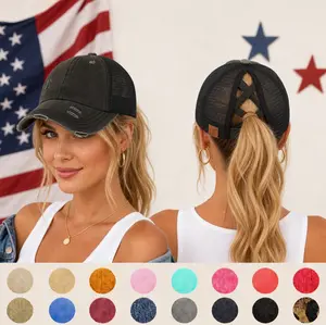 Patriotic Distressed Denim Ponytail Baseball Cap for Women – July 4th & Memorial Day Summer Hat, Adjustable Criss-Cross Back