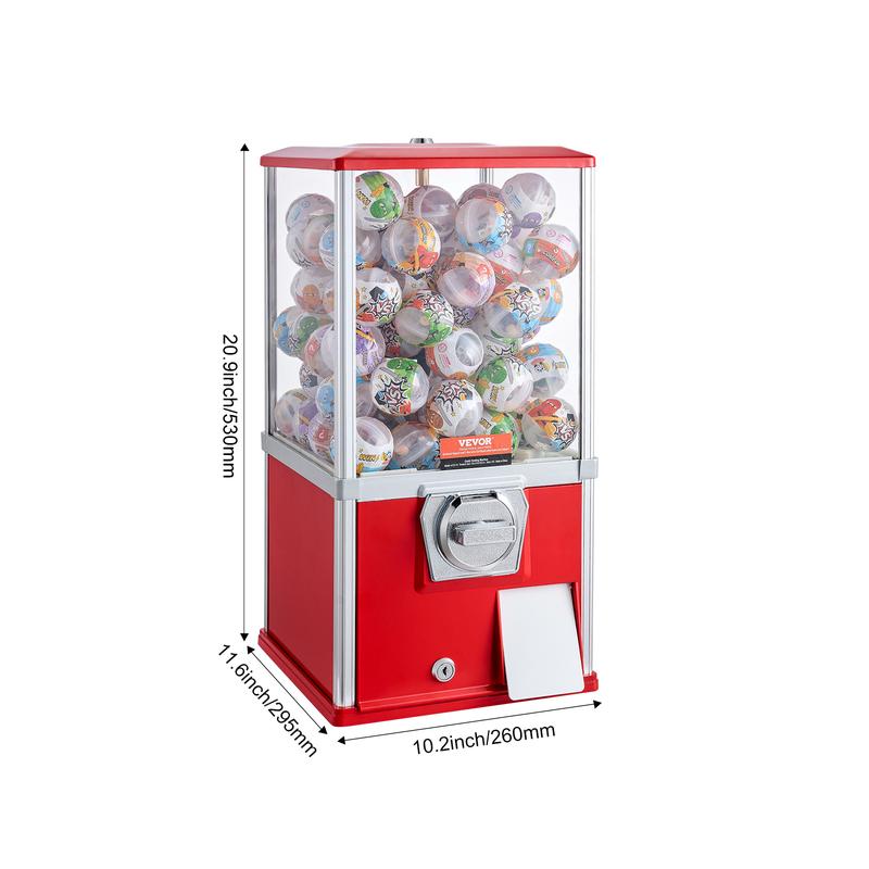 VEVOR Gumball Machine for Kids,  , 21" Height Home Vending Machine, PS Bouncy Balls Dispenser, Hold 180 Capsule Toys, Rectangle Bubble Gum Machine for Game Stores, Coin Operated Gumball Bank, Red