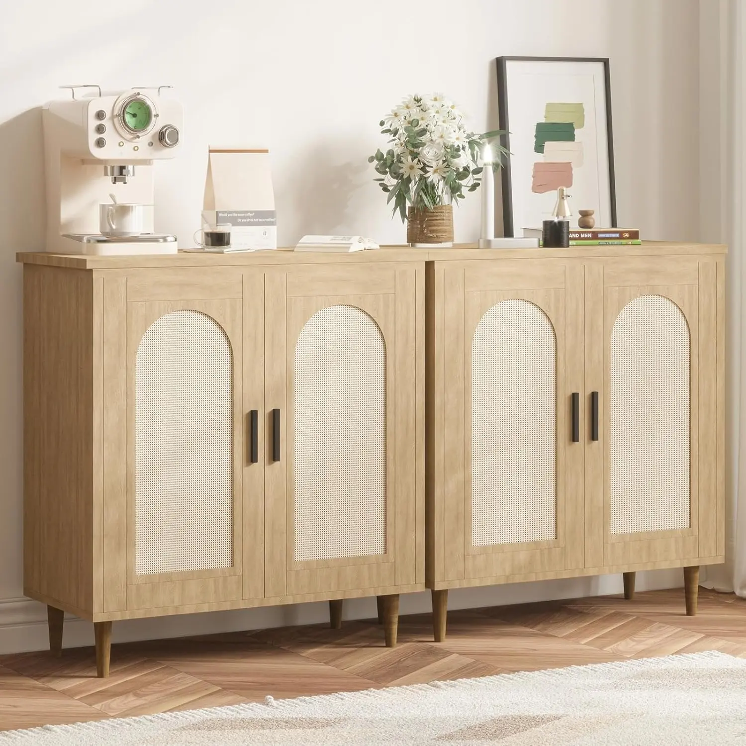2pcs Rattan Buffet Cabinet with Storage, Single Door Accent Console Table for Entryway, Dining Room & Kitchen, Compact Sideboard with Adjustable Shelves, 35.2" Small Storage Cabinets
