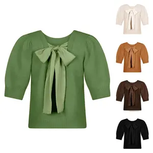 Ommig Womens Casual Sweater Vest Puff Short Sleeve Crew Neck Bow Tie Back Knit Shirt