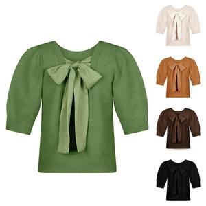 Ommig Women's Fitted Minimalist Knit Pullover Vest - Puff Short Sleeves, Crew Neck, Bow Tie Back, Casual Women's Knitwear Tops