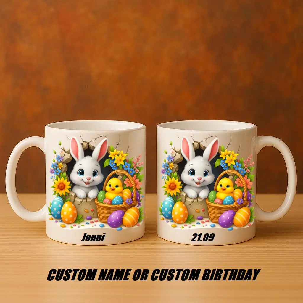 Personalized Cute Bunny Coffee Mug with Adorable Rabbit, Baby Chick and Colorful Egg Basket Design, Custom Name or Date Ceramic Cup for Animal Lovers | Gifts for Kids | Home Decor | Hot Chocolate | Drinks | Novelty Gifts | Office Mugs |