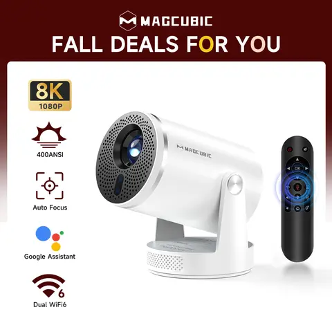 Magcubic HY320Pro Portable Smart Projector - Auto Focus, Native 1080P, Google Assistant, 8K Decode, 400ANSI, Android 14.0, Dual WiFi6, BT5.4, Auto Keystone, Wireless 180° Rotation, Connection, USB, Remote Control, Audios, Bedroom Home Cinema Gift