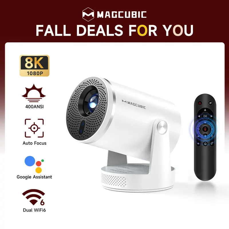 Magcubic HY320Pro Portable Smart Projector - Auto Focus, Native 1080P, Google Assistant, 8K Decode, 400ANSI, Android 14.0, Dual WiFi6, BT5.4, Auto Keystone, Wireless 180° Rotation, Connection, USB, Remote Control, Audios, Bedroom Home Cinema Gift
