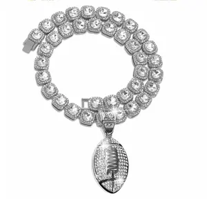 Rugby Pendant Row Clustered Diamond Tennis Necklace Gold Silver Rappe Cubic Zircon Rugby Chain Luxury Square Tennis Chain Necklace for Hip-hop Jewelry Sports Rugby Fans Gift