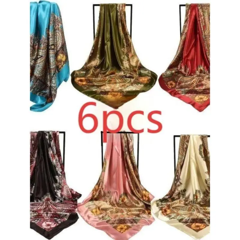 Women's 6-Piece Casual Scarf Set, Square Satin Woven Neckerchiefs with Artistic Motif & Paisley Prints, Lightweight Decorative Headwrap, Flat Woven Neckerchiefs, Artistic Motif Neckerchiefs
