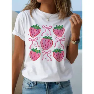 Women'S Y2K Kawaii Strawberry Print T-Shirt With Red Strawberries & Pink Bows - Soft Lightweight Short Sleeve Top, White Casual Beach Summer Blouse, Spring Fall Outfits, Strawberry Shirt For Kawaii Outfits