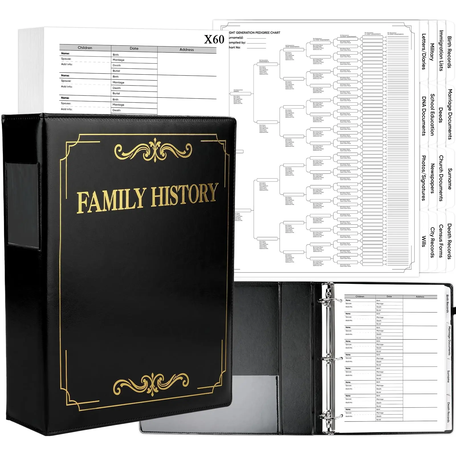 GISGFIM Family History Binder 3 Ring 60 Families Group Sheets 8th Generation 16 Sheets Genealogy Binder Dividers Family Tree Chart Genealogy Organizer Supplies with Pen Loop PVC Pocket for Families History