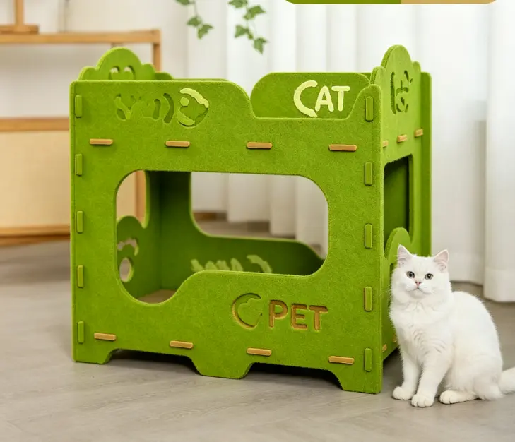 Aesthetic Double-Layer Felt Cat Bunk Bed for Multi-Cat Households, Modern Space-Saving Pet Hideaway House with Easy Tool-Free Assembly, Calming Breathable Cat Den for Sibling Kittens,Apartment living 2026