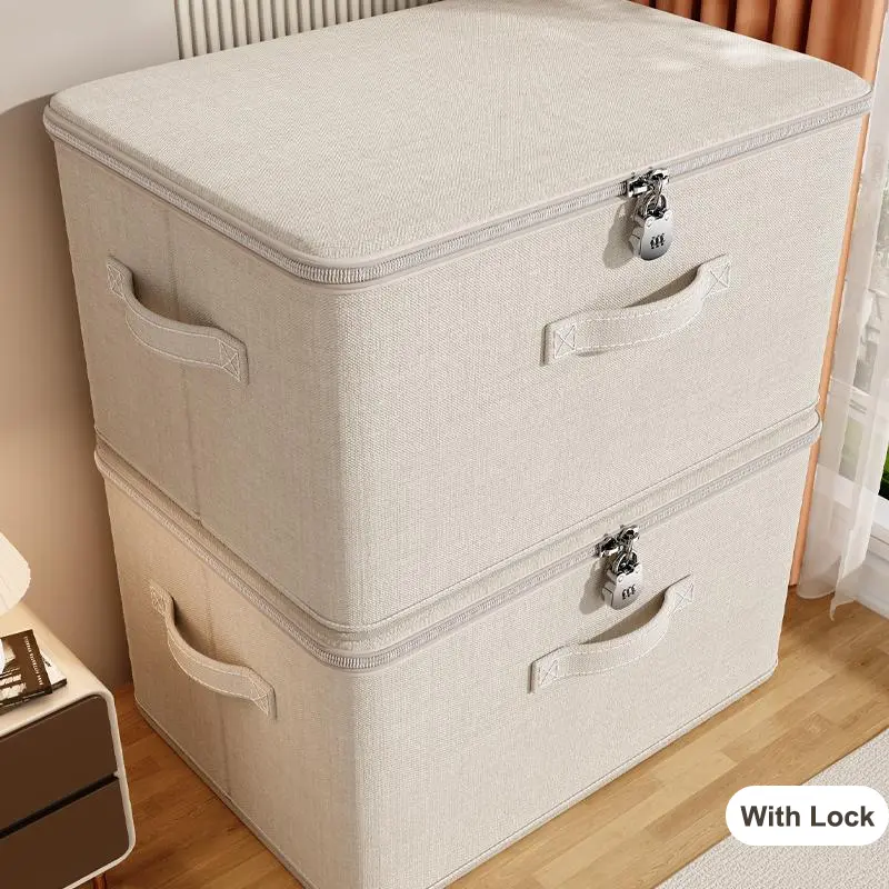 Storage box with lid and lock, closet storage organizer, lockable storage box with handles, apartment essentials and college dorm essential foldable privacy container for underwear, shirts, jewelry, valuables, wardrobe shelves