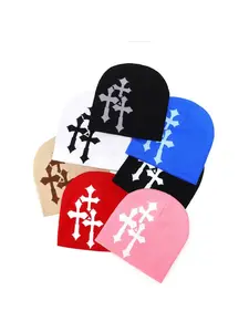 Knit Beanie Cross Jacquard Hat, Street Style Fitted Warm Cold Cap, Outdoor Sports Hip Hop Beanies for Fall & Winter, Hat Accessory