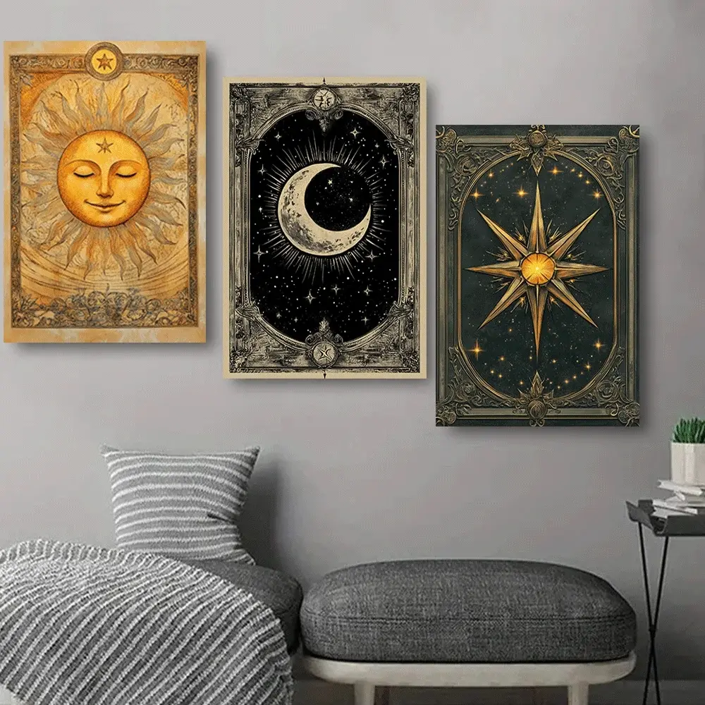 3pcs/set Frameless Vintage Elegant Tarot Canvas Wall Art, Frameless, High-Definition Celestial & Mystical Themed Prints, Sun Moon Print, Unframed Wall Art