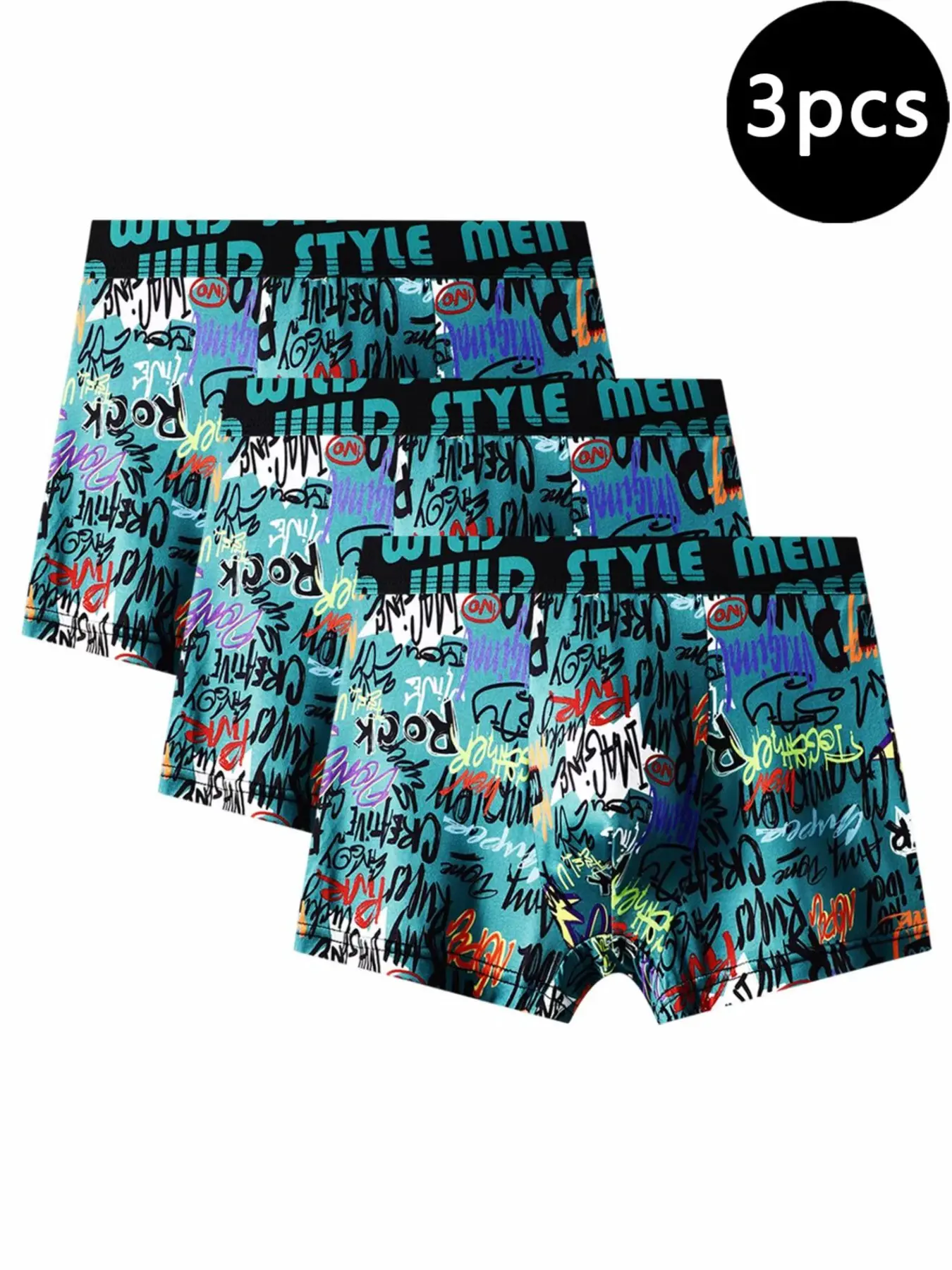Men's Fashionable Street Graffiti Print Boxer Shorts 3-Pack, Comfortable Beach and Sports Underwear for Daily Wear