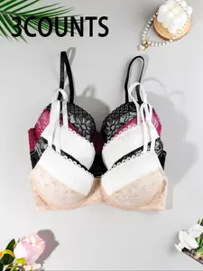 Women's Colorblock Floral Lace Patchwork Push Up Bra, Casual Comfortable Breathable Adjustable Strap Triple-Breasted Bra, Ladies Lingerie for All Seasons