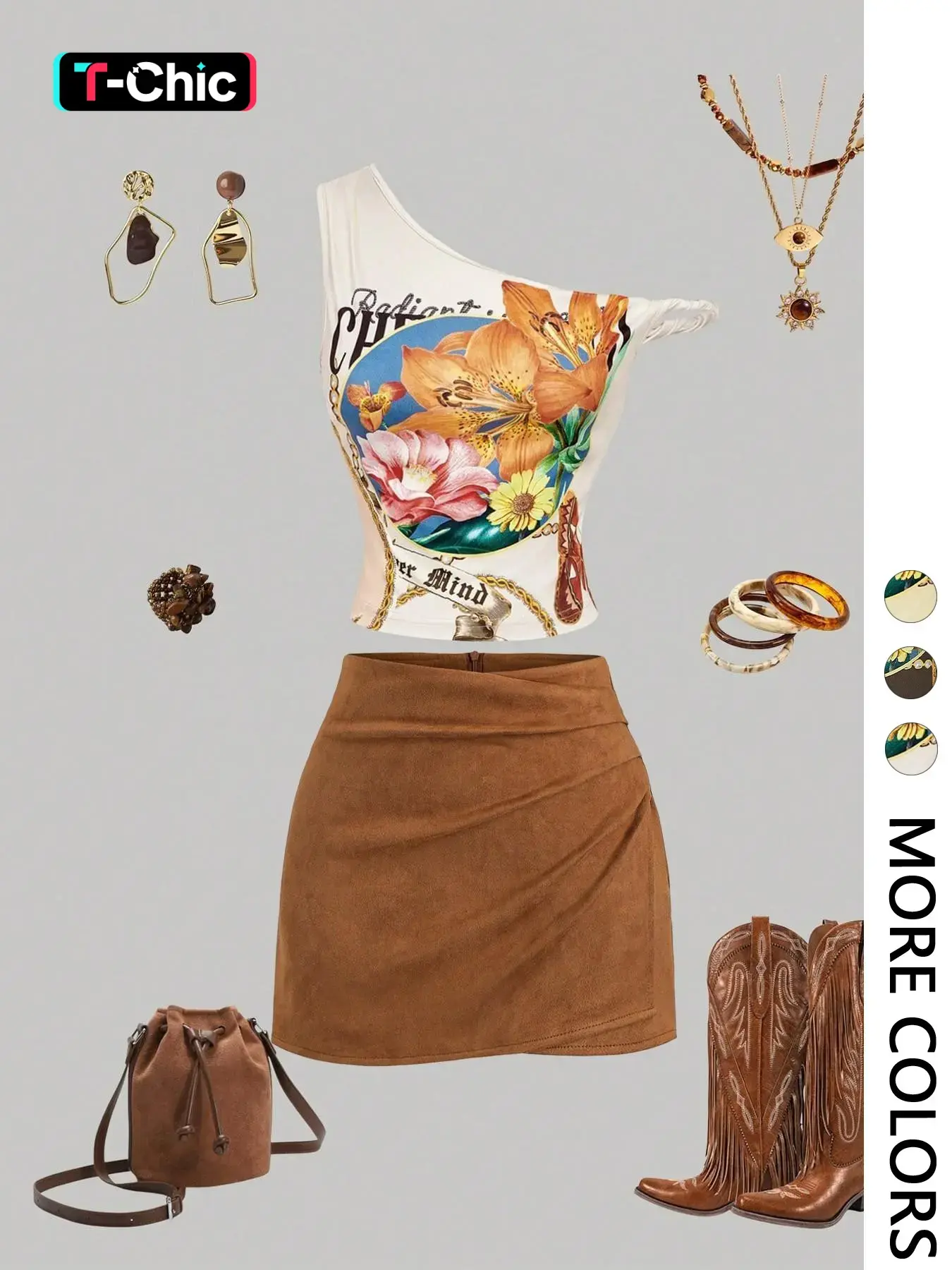 2-Piece Asymmetrical Floral Print Fitted Crop Top & Faux Suede Mini Skirt Set - Trendy Y2K Outfit for Music Festivals & Date Nights, Viral TikTok Set, Baddie Aesthetic, Womenswear, Fashion Clothes Set