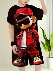 Boys' Cartoon Character Print Set, Outfit, Casual Breathable Quick-Dry Track Shorts, Summer Comfort Outdoor Wear