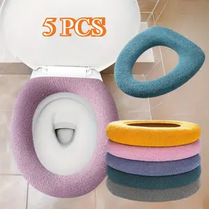 5 Pcs Thicker Bathroom Toilet Seat Cover Pads- Soft Warmer Toilet Seat Cushion Cover Stretchable Washable Fiber Cloth, Easy Installation Comfortable Toilet Lid Seat Cover