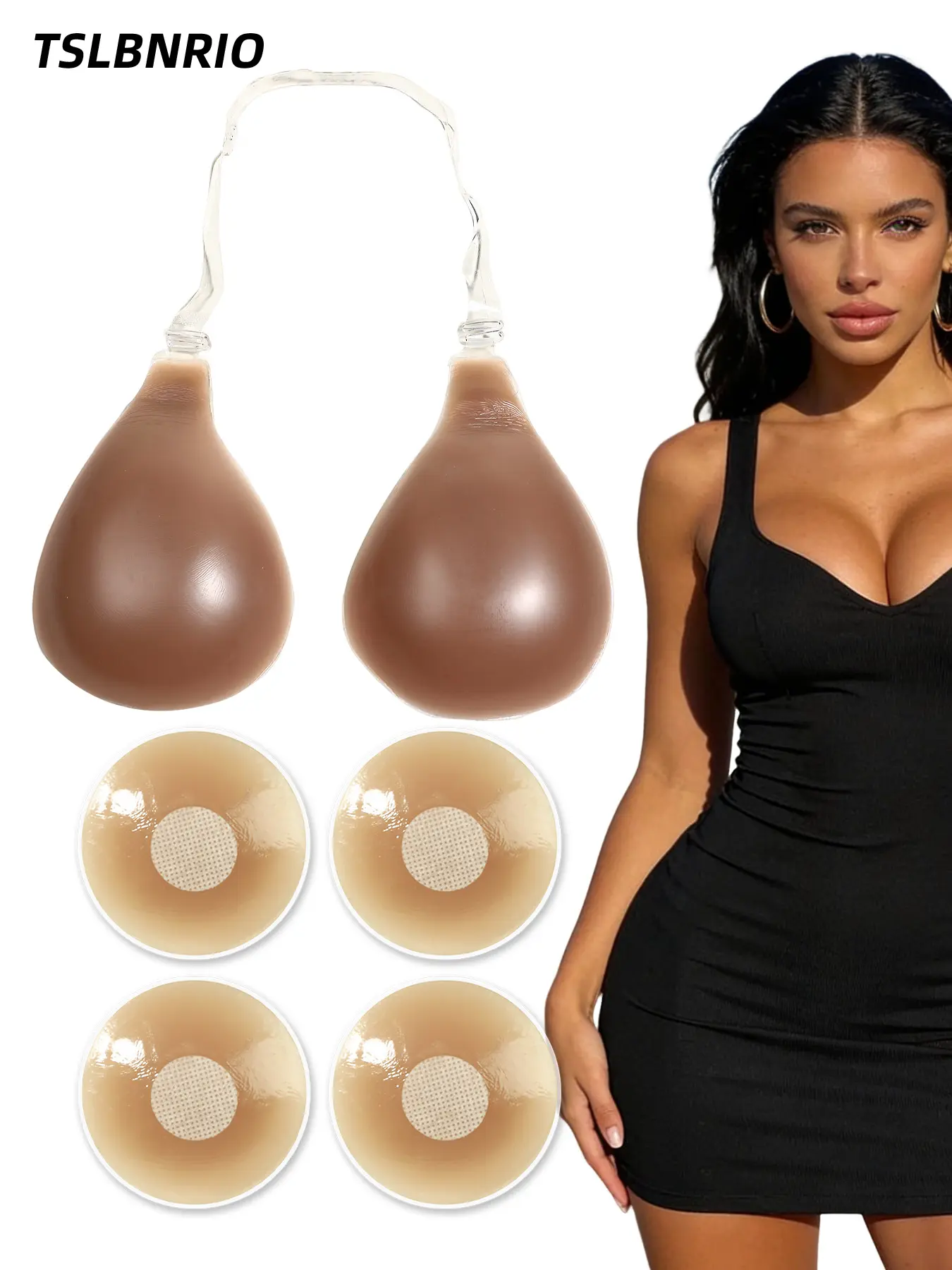 Coffee Brown Color Professional Suit: Spoon-shaped Hanging Neck Bra Paste Silicone Bra Same Color Milk Paste Designed for Wheat Skin Color Backless Hanging Belt Invisible Support Combination, Underwear Accessory