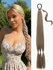 Braided Ponytail Extension for Women With Hair Tie Straight Wrap with Braid Knotless Braids Synthetic Soft Hairpieces Synthetic Hair Pieces Dark Brown Mixed Honey Blonde 32 Inch