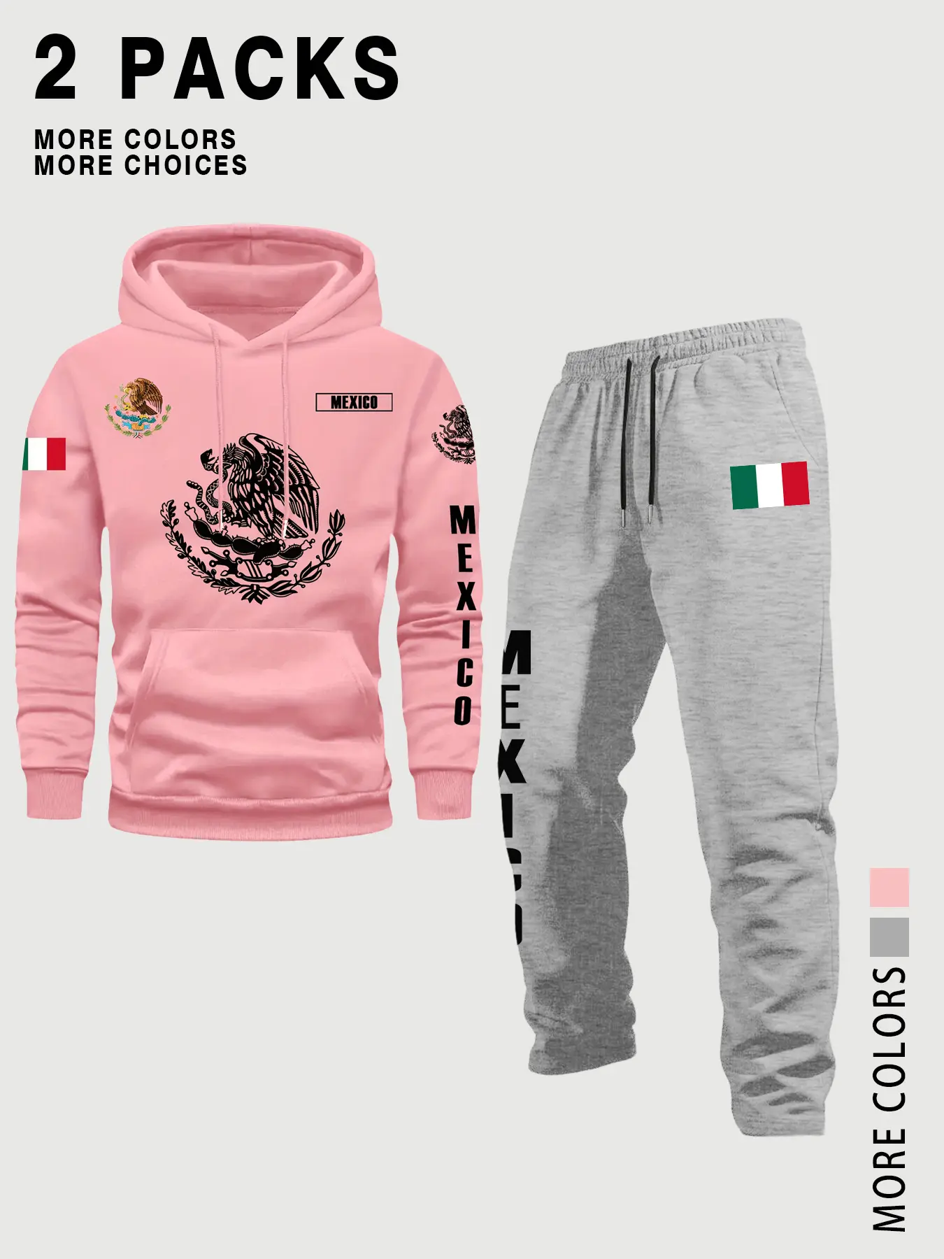 Mexican Style Cultural Set! 2 Piece Fitted Long Sleeve Hoodie + Sweatpants, Flag Eagle Snake Totem Print, Multicolor Options, Casual Streetwear Athletic Activewear for Fall & Winter Sportswear