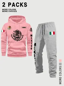 Mexican Style Set! 2 Piece Hoodie + Sweatpants, Flag Eagle Snake Totem Print, Multicolor Options, Casual Streetwear for Fall & Winter