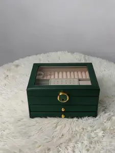 Glass Window Multi-Layer Jewelry Organizer Box, Lockable Earring Ring Necklace Storage, PU Leather, Desktop Makeup Case