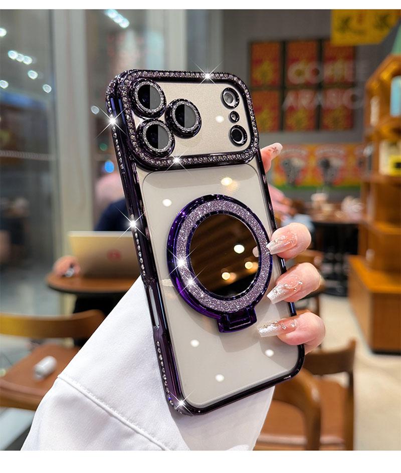 Phone Case with Mirror & Stand for iPhone 12/13/14/15/16/17 Pro Max,17Air,14/15/16 Plus. Features a shiny frame, high-definition transparent material, and full-body drop-resistant design.