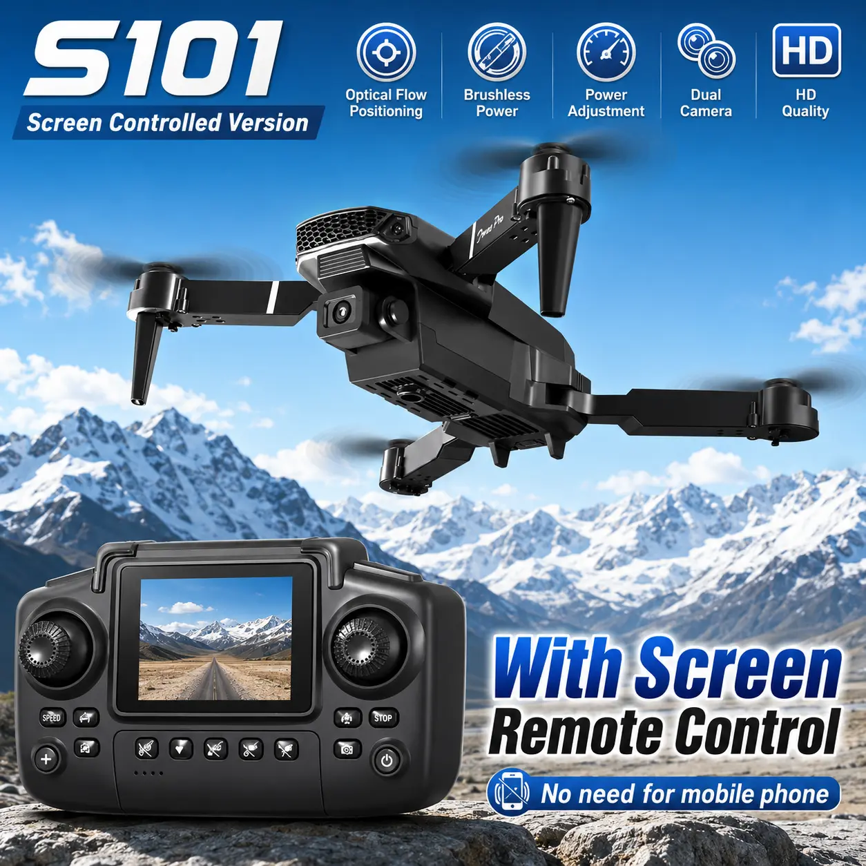 S101 Drone with Screen Remote Control, 1080P HD Dual Camera, Brushless Motor, Optical Flow Hover, Foldable Quadcopter for Kids & Adults, Obstacle Avoidance, No Phone Needed, Long Flight Time, FPV Live Video RC Toy Plane