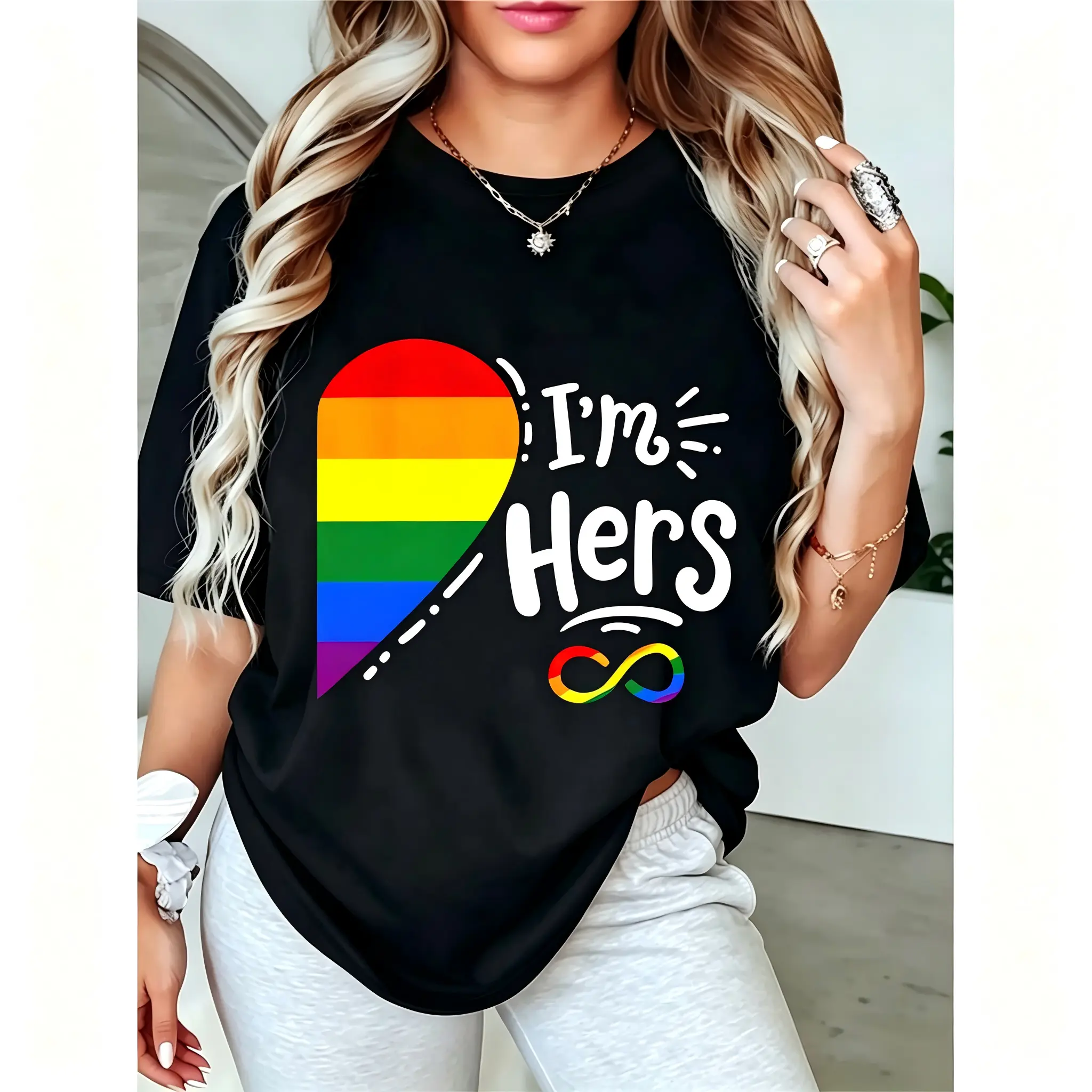 Women's Black LGBTQ+ Pride T-Shirt: Rainbow Heart, 'I'm Hers' & Rainbow Infinity Symbol – Lesbian Pride Outfit for Pride Month, Casual Daily, Party, Parade